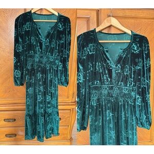 Dark Green Velvet Floral Maxi Dress Long Sleeve Size S (4)